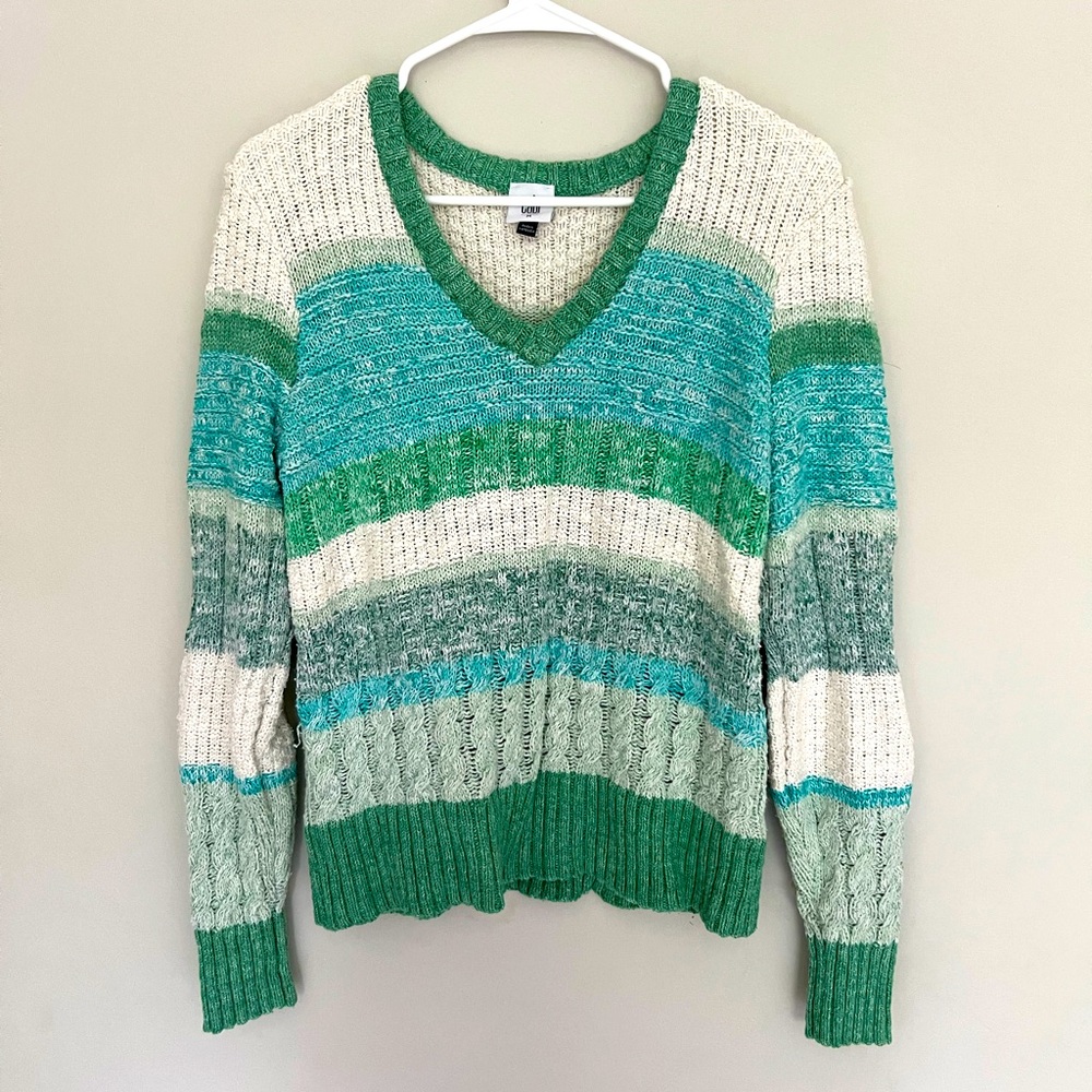 CAbI striped Green and White Women's Sweater